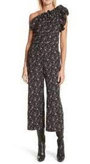 Rebecca Taylor One Shoulder Dark Floral Jumpsuit Ruffle Wide Leg Black 12 NWT