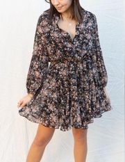 Black Floral Cool Breeze Long Sleeve Boho Flowy Dress L