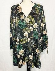 Suzanne Betro Floral Tunic Top 3/4 Tie Sleeve Notch Neckline Size 1X