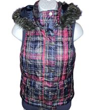 Blue Purple Plaid Faux Fur Trim Removable Hood Puffer Equestrian Vest Size Small