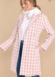 AURA It's A Look Light Pink Plaid Coat Tie Double Breast Pearl Button M J NWT