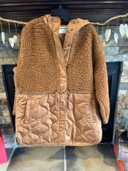 Hooded Sherpa Quilted Hybrid Coat Women's XL Brown