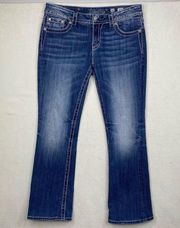 Signature Boot Cut Cross Bling Distressed Dark Wash Blue Jean Size 31