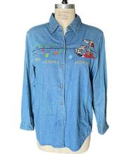 Victoria Jones Christmas Holiday Santa Denim Chambray Button-Down Shirt - Medium