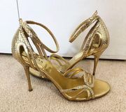 Guess by Marciano Gold Metallic High Heel Strappy Sandal Peep Toe Size 8.5M