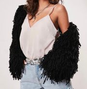 MISGUIDED Shaggy Knit Fringe Cardigan Oversized Faux Fur Sweater Jacket Black S