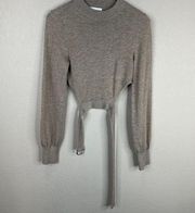 Lovers + Friends Cropped Sweater Size Small Beige Crewneck Tie Waist Wool Blend