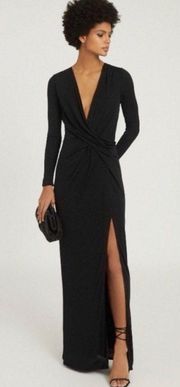 Reiss Lillian Black Deep V Neck High Slit Slinky Jersey Maxi Long Sleeve Dress 2