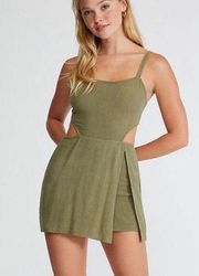 NWT  Tie Back Linen Blend Romper Olive Green S