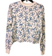 Floral Paisley Cropped Raw hem Sweatshirt White Blue XS