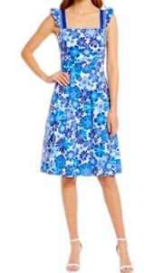 Tahari blue flower print cotton peek boo back dress size 14