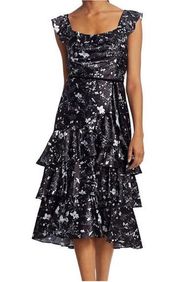 Marchesa  Floral Print Ruffled Midi Dress Black and White Size 2