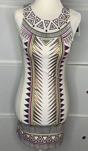 MINKPINK Techno Tribe Bodycon White Metallic Tribal Print Zipper Back Dress XS