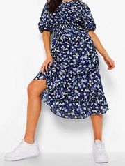 Boohoo Floral Chiffon Puff Sleeve Midi Dress Size 4