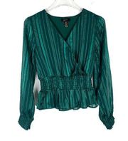 NWOT  Long Sleeve Striped Metallic Surplice Top Green Size XS NEW