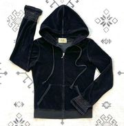 Y2K Black Terry Cloth Zip Up Hoodie Embroidered Lace Sleeve Cuffs