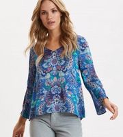 ODD MOLLY Womens Boho Paisley Printed Bell Sleeve Head Turner Blouse Size S Blue