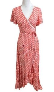 Poupette St Barth Joe Long Wrap Dress Maxi Ruffle Accent Floral Orange Womens S