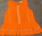 Size Large, Anthropology  Orange Embroidered Fringe Sleeveless Tank Top Shirt