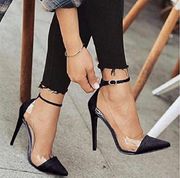 New!! Womens Black High Heels Clear Stiletto Pumps Pointed Toe Ankle Strap