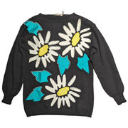 Vtg 1980s L'Eau Vive Black Daisy Pearl Applique Pullover Silk Blend Sweater S