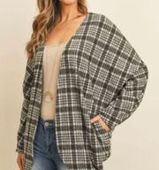 Riah Fashion Gray Open Plaid Cardigan with Pockets L