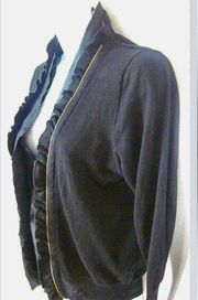 J CREW Black Zip Cardigan Sweater Silk Trim Pima Cotton & Wool Small