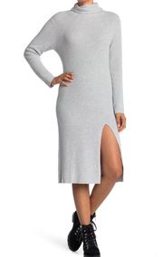 New  Mock Neck Midi Ribbed Long Sleeve Slit Sweater Dress Grey