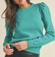 &Merci Green Puff Sleeve Crewneck Pullover Sweater Medium New