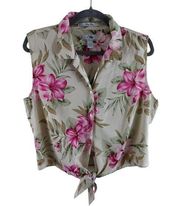 Bill Blass Silks By  Jeanswear Floral Sleeveless Collared Button Up Silk Top Sz L