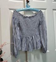 Medium Striped Blue and White Rayon Smocked Blouse