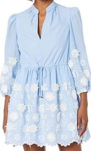 NWT Milly Elise 3D Floral Embroidered Dress Split Neck Chambray Dress Size 6