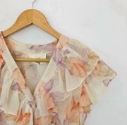 Vintage Chiffon Cream Floral Dress Romantic Cottagecore Purple Pink Ruffle Ballerina Length