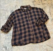 Brown & Blue Long Sleeve Flannel Button Down Shirt Size L