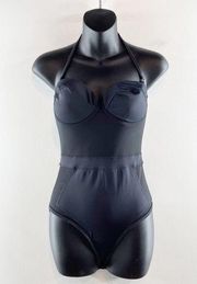 ASOS Bustier Mesh Sheer Panel One Piece Halter Swimsuit Black 34C / Medium