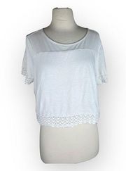 Primark White Cropped Short Sleeve Top with Lace Accent- Large