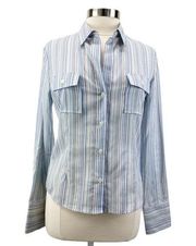 Arden B Womens L Split Neck Blue Stripe Button Up Blouse Career Blue Tan White