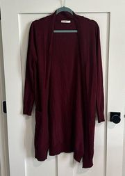 Cherish Women's Size M Open Front Longline Cardigan Sweater Maroon Red Ribbed