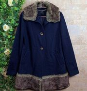 ASOS Wool Blend Faux Fur Trim Buttoned Coat Jacket Navy Blue Brown Size US 2