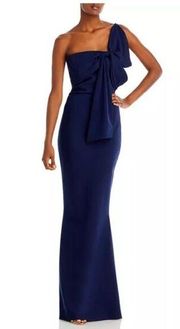 CHIARA BONI LA PETITE ROBE Teresa Bow One Shoulder Gown Navy Size 14, nwt