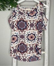 Free Kisses Cold Shoulder Floral Blouse * Cream Blue Red * Small