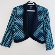 R&M RICHARDS Aqua Blue & Black Geometric Soft Stretchy Cropped Jacket ~ Size 14W