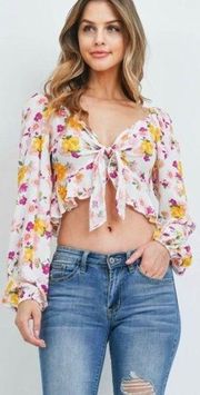 Blue Blush  Floral Long Sleeve Tie Front Crop Top Size M