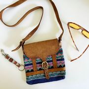 Handmade Southwestern Woven Print Tan Genuine Leather Buckle Crossbody Bag