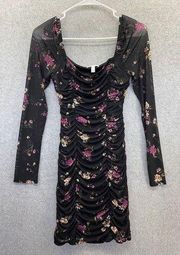 Leith Women's Dress Ruched Front Long Sleeve Sheer Black Floral Size Small