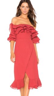 NWT  C/MEO Collective Immerse Ruffle Off Shoulder Midi Dress in Rose