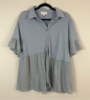 &merci | Light Blue Lagenlook Uneven Gauzy Button Down Blouse Size Medium