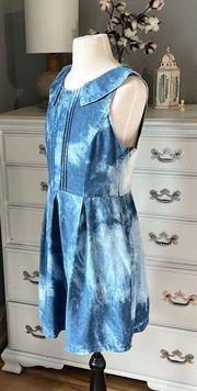 Blue Tie Dye Cotton Dress Collared Sleeveless Fit And Flare Denim Small