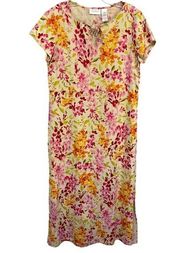 Liz Claiborne Dress 10 Petite Women Linen Blend Maxi Floral Beige Pink