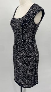 Sue Wong Sheath Dress Ribbon Soutache Floral Pattern Scoop Neck Black White 0